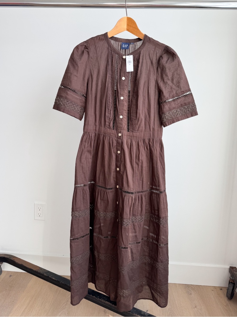 NWT Gap Chocolate Brown Inset Lace Maxi Dress Small Boho FA22 MSRP $118